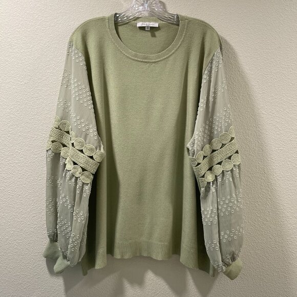 SIONI Milano Long Sleeve Lace Trim Lightweight Sweater, Sage - 3X - Picture 2 of 8